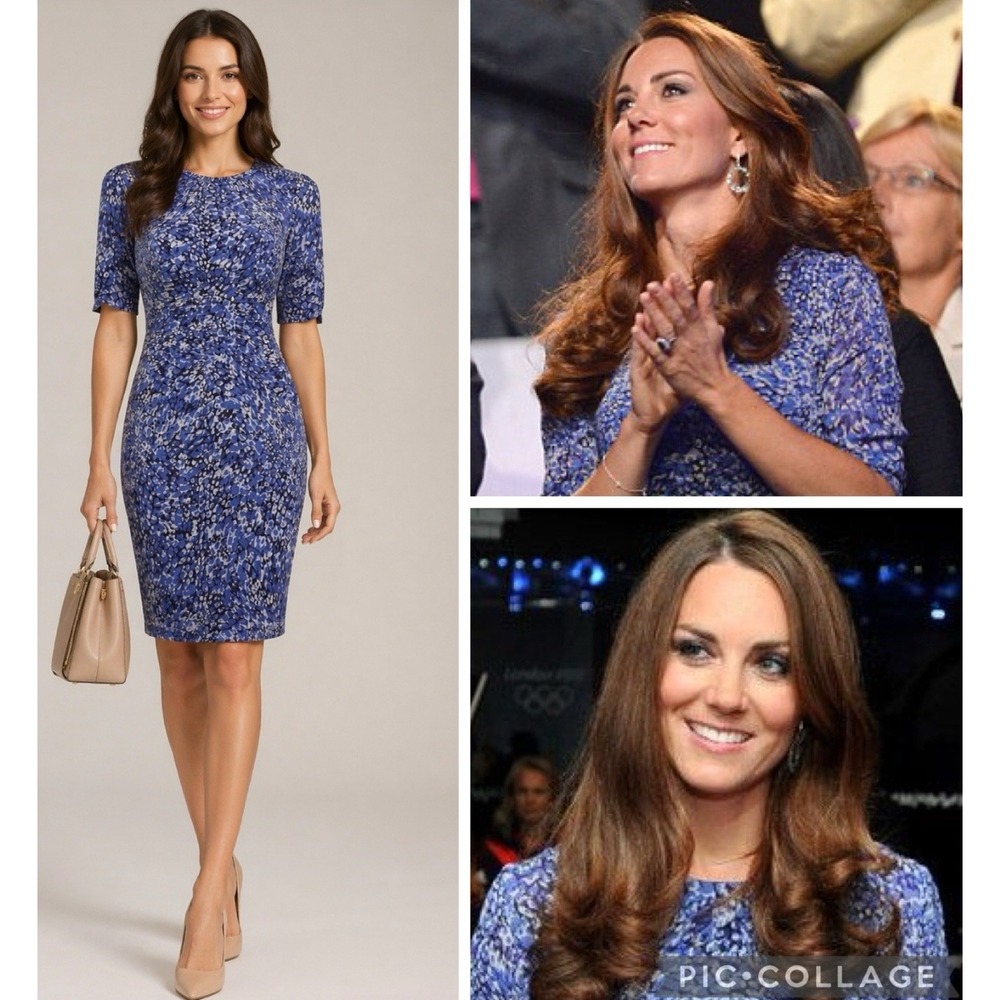 Whistles Bella Dress US 8 Silk Blue Kate Middleton Royal Worn Bodycon Midi